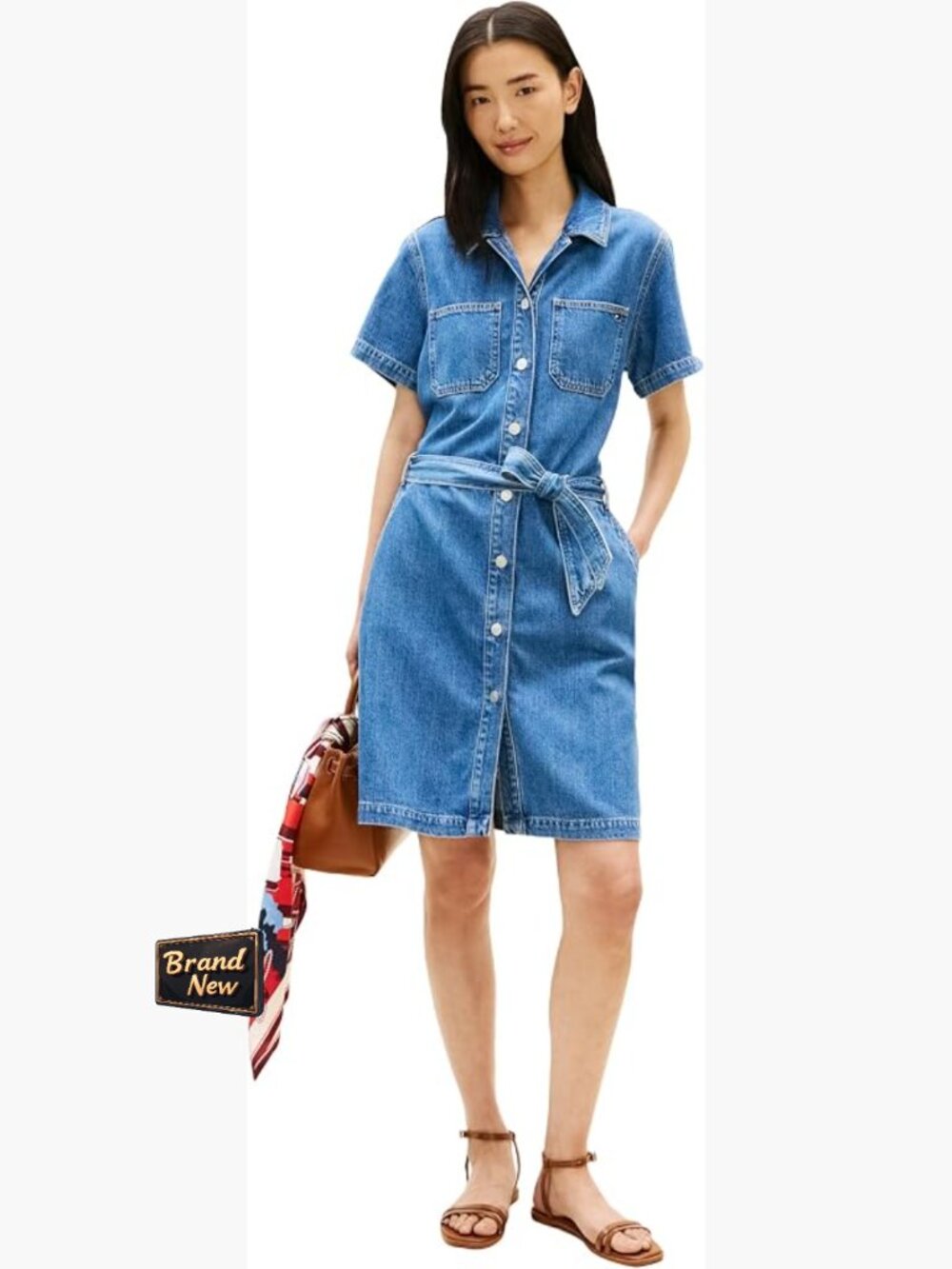 Premium Cotton A-Line Shirt Dress with Waist Tie, Short Sleeve, Pockets